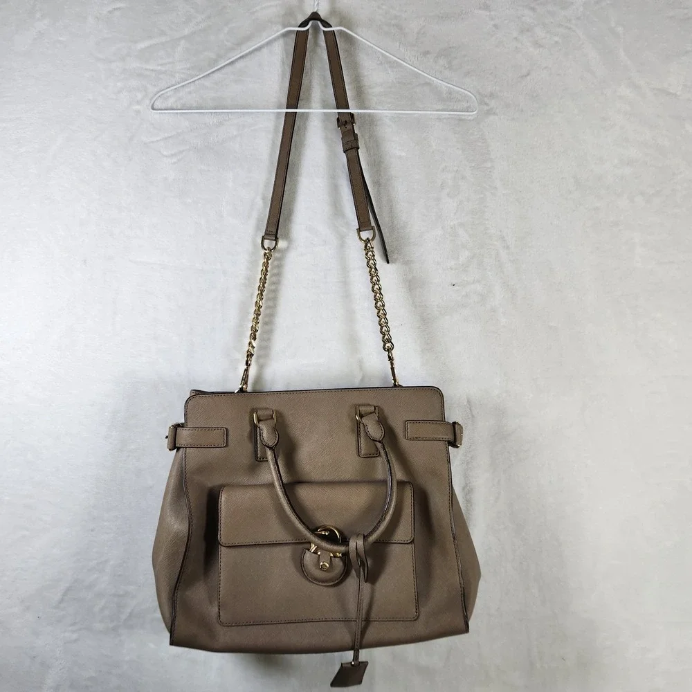 Michael Kors Saffiano Leather Tote Satchel‎ Taupe Chain Strap Large Shoulder Bag